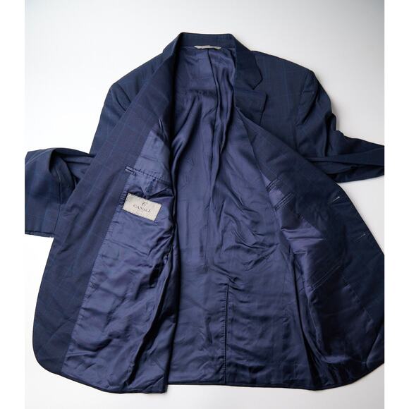 Canali Men’s Sport Coat 40R Navy Check Wool Cupro 2-Button Blazer Hole on Sleeve - Picture 3 of 11